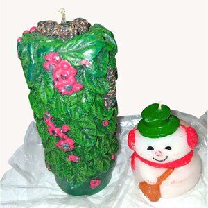 Christmas Decorative Candles Set - Snowman & Pinecone Berry Design - Handcrafted